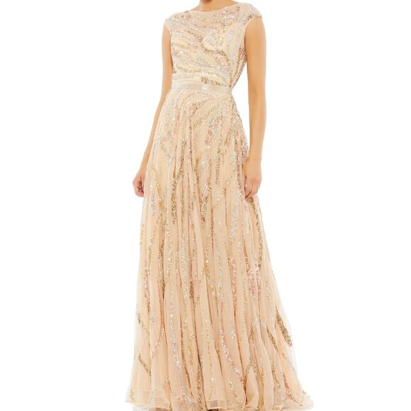 NWT Mac Duggal 5445 Cap Sleeve Embellished Evening Gown Beige Multi Size 18